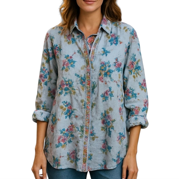 Magazine Floral Button Up Top 1X runs small Medium Blue Pink Yellow Embroidered - Picture 1 of 17